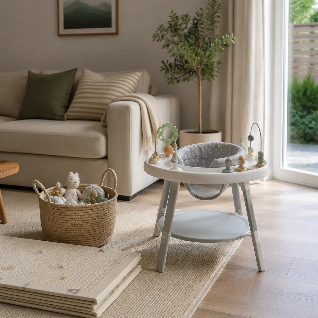 A compact baby activity center in a tidy living room with soft natural light.