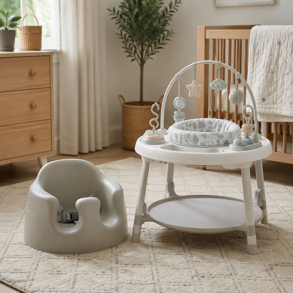 A baby floor seat and activity center arranged in a calm nursery setting.