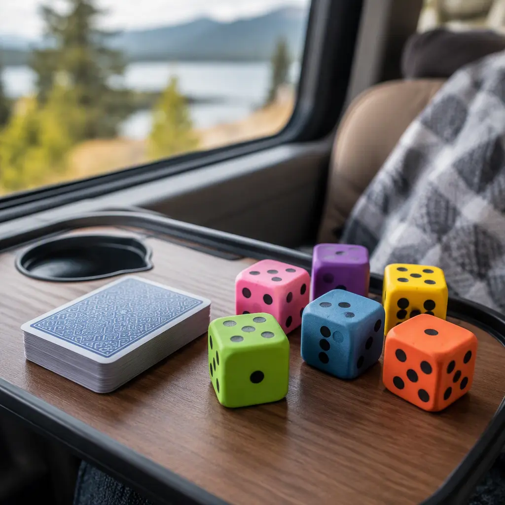 Foam dice and compact travel card decks on a small travel table
