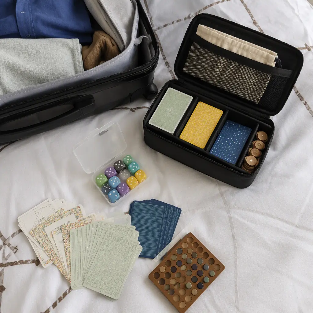 Travel-friendly foam dice and card games packed into a small organizer