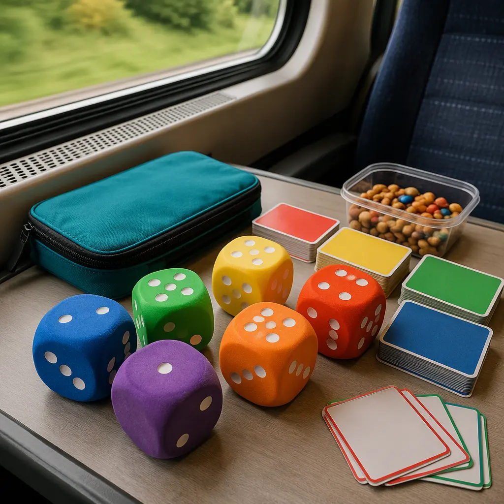 Foam dice and travel card games arranged on a train table in soft natural light