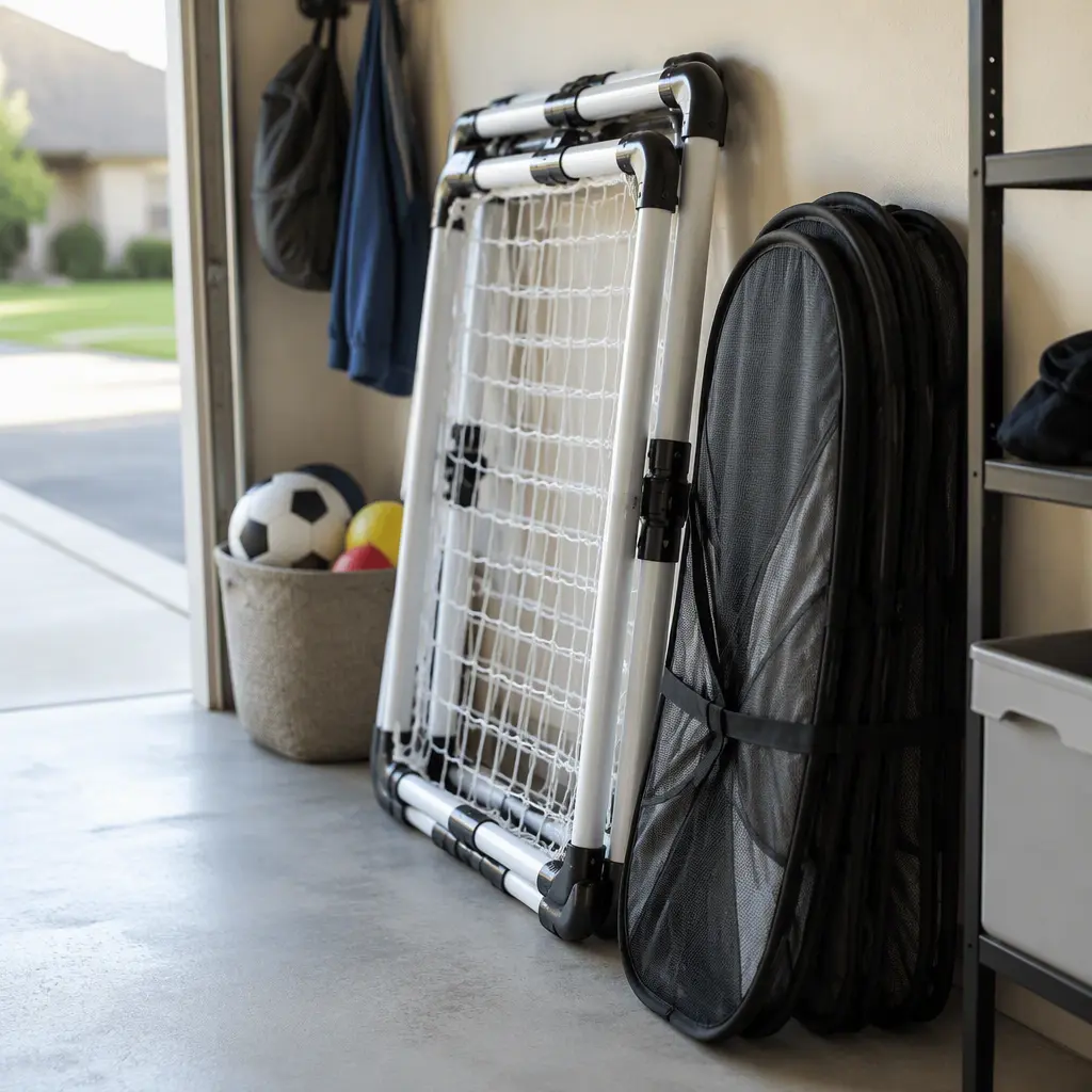 Foldable soccer goals and pop-up nets stored in a garage