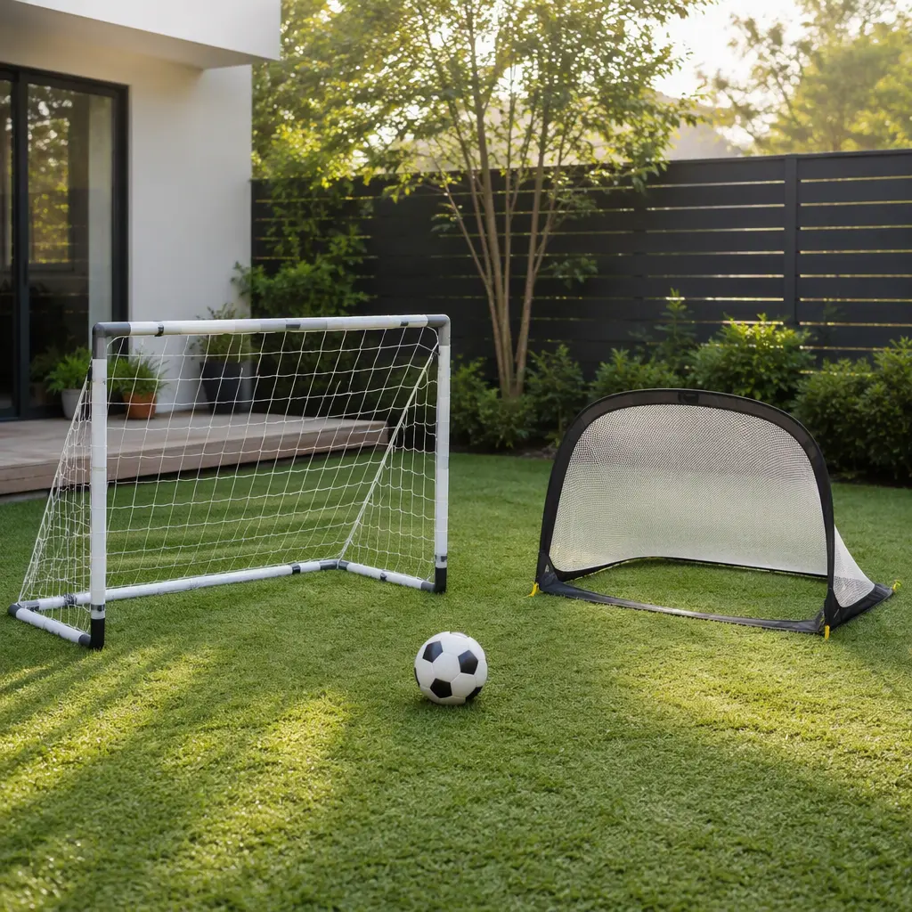 Foldable soccer goal and pop-up soccer nets in a small backyard