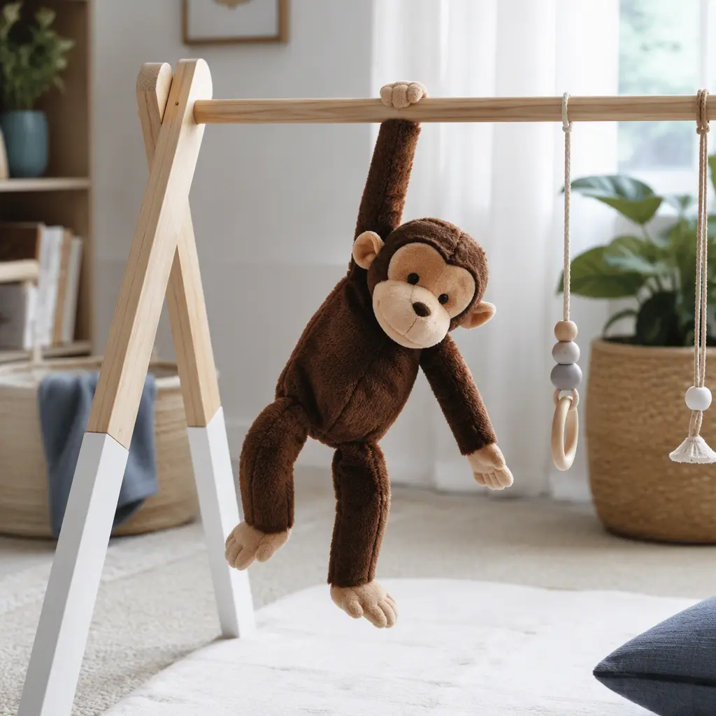 Plush robotic monkey toy displayed in a cozy playroom