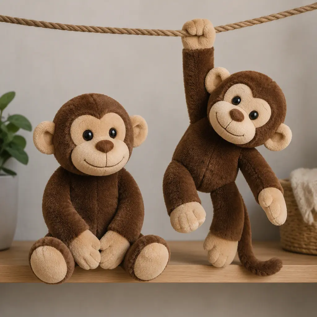Two plush monkey toys displayed in a neutral studio setup