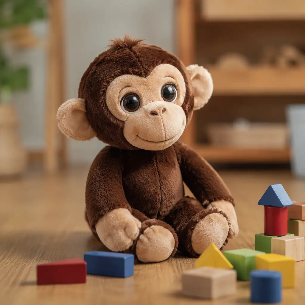 Interactive plush monkey toy posed in a softly lit studio setting