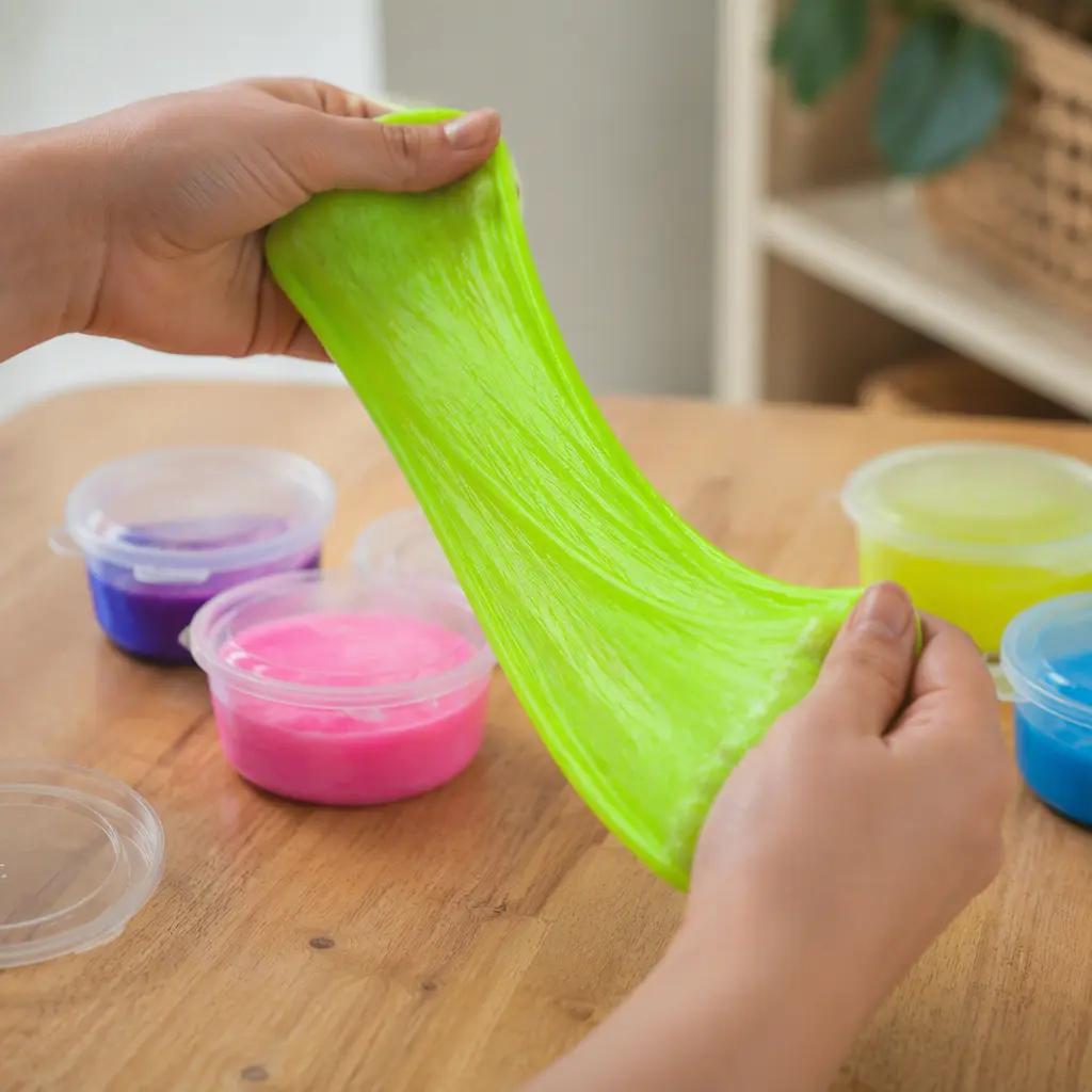 Stretchy neon slime being pulled across a tabletop beside small containers