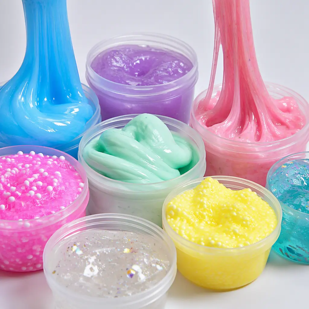 Assorted colorful slime textures displayed in clear containers in a studio scene