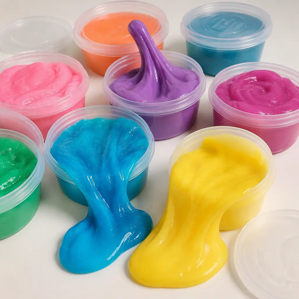 Colorful stretchy slime in small tubs arranged on a tabletop in a studio setting