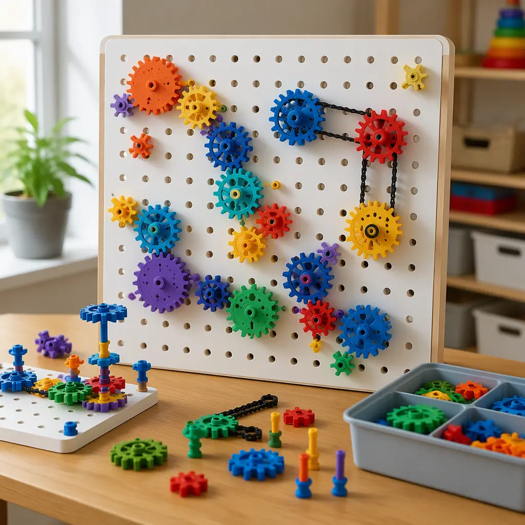Interconnected plastic gears arranged across a pegboard construction set