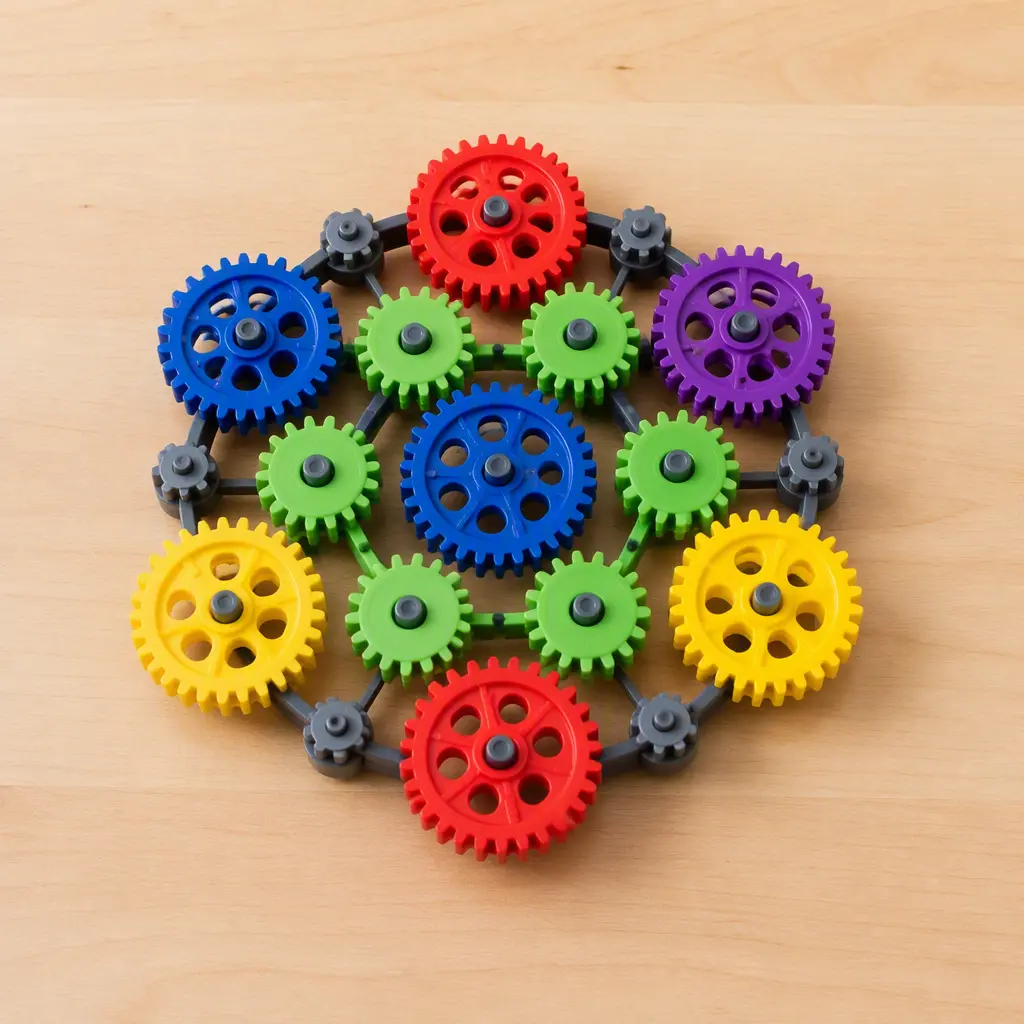 Overhead view of colorful gear pieces connected in a circular arrangement