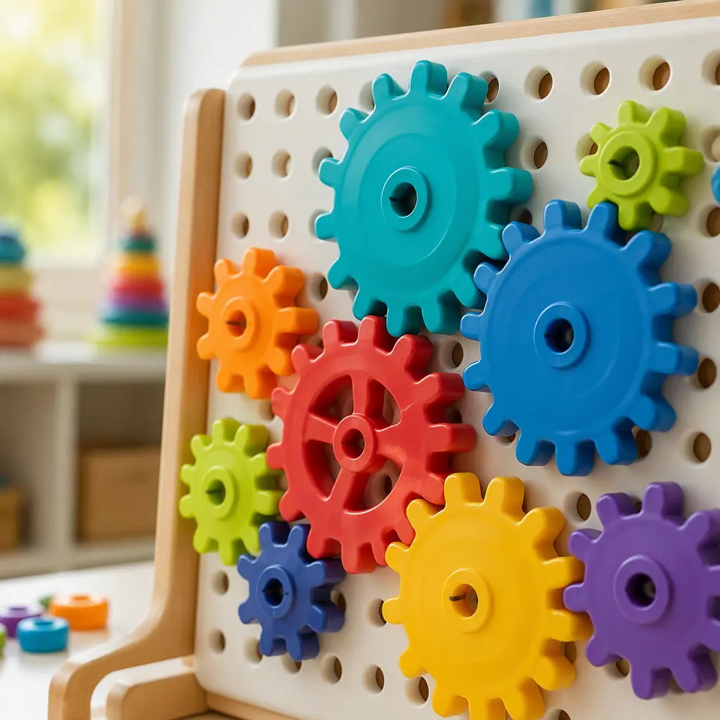 Colorful interlocking gear construction toy assembled on a pegboard surface