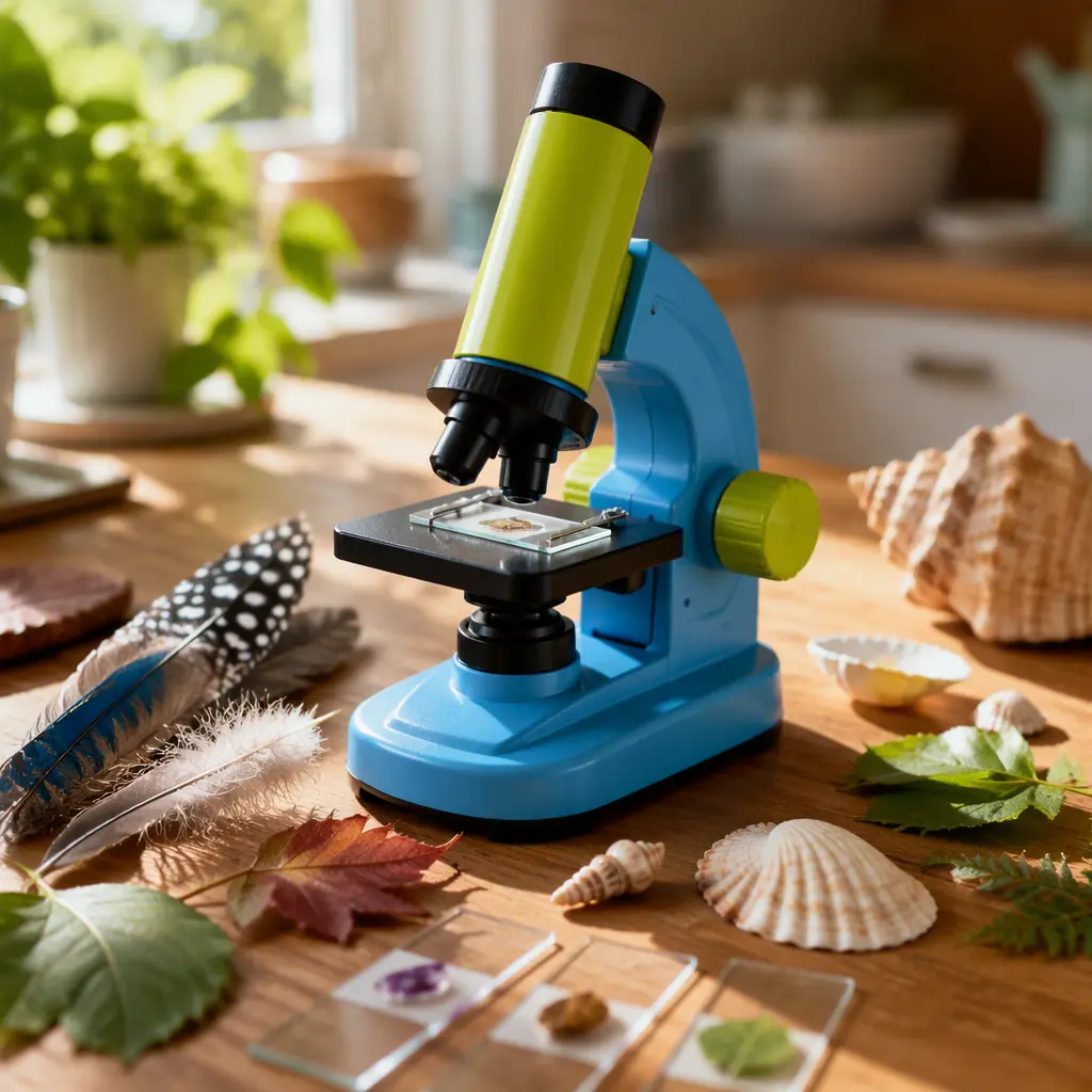Beginner microscope with nature objects and slides on a table