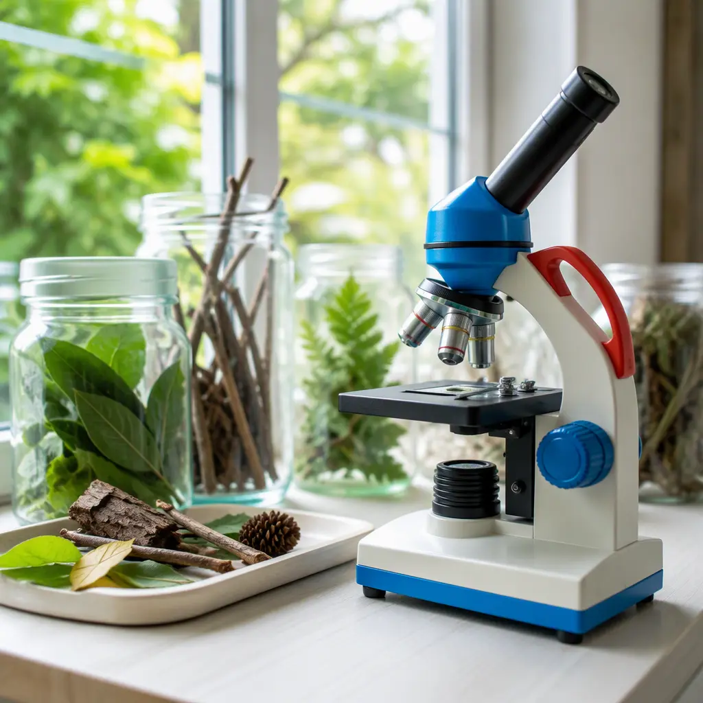 Colorful educational microscope beside collected nature items