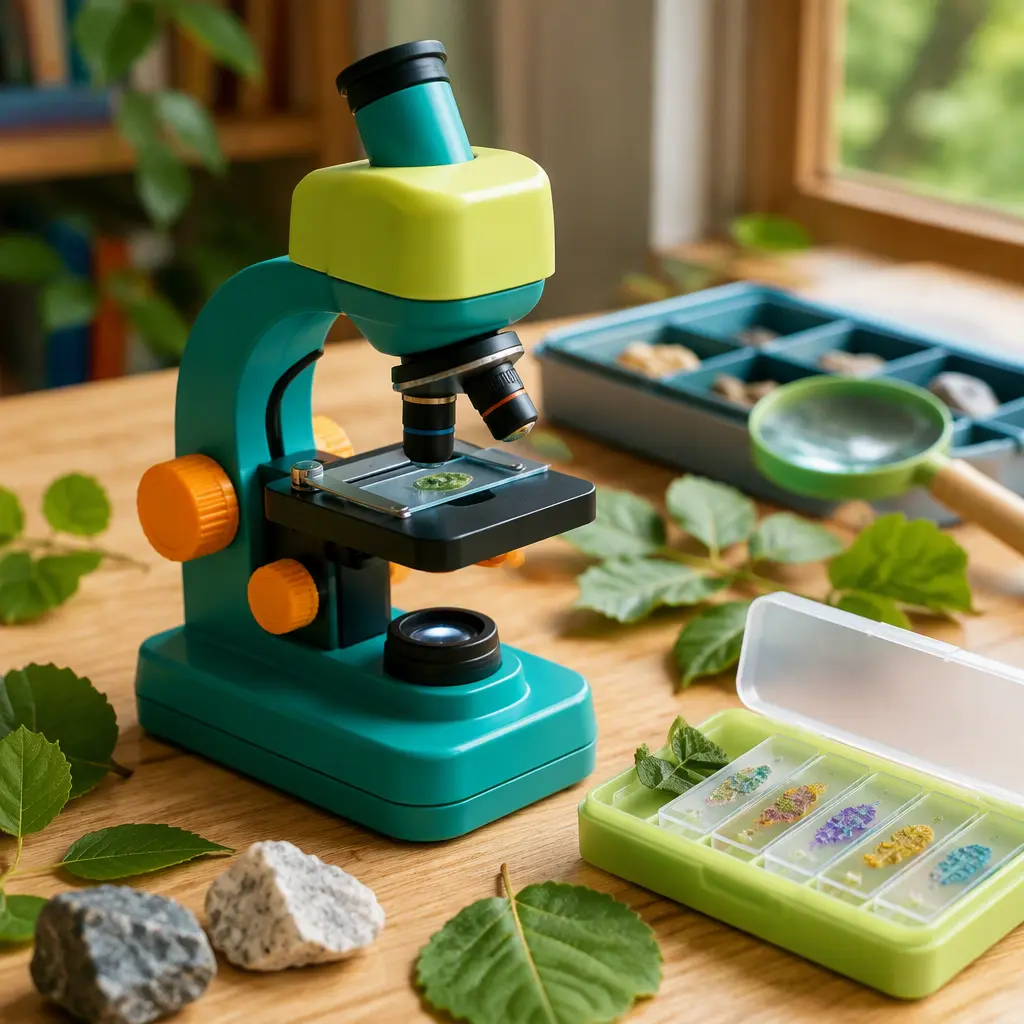 Child-friendly tabletop microscope with nature samples beside it