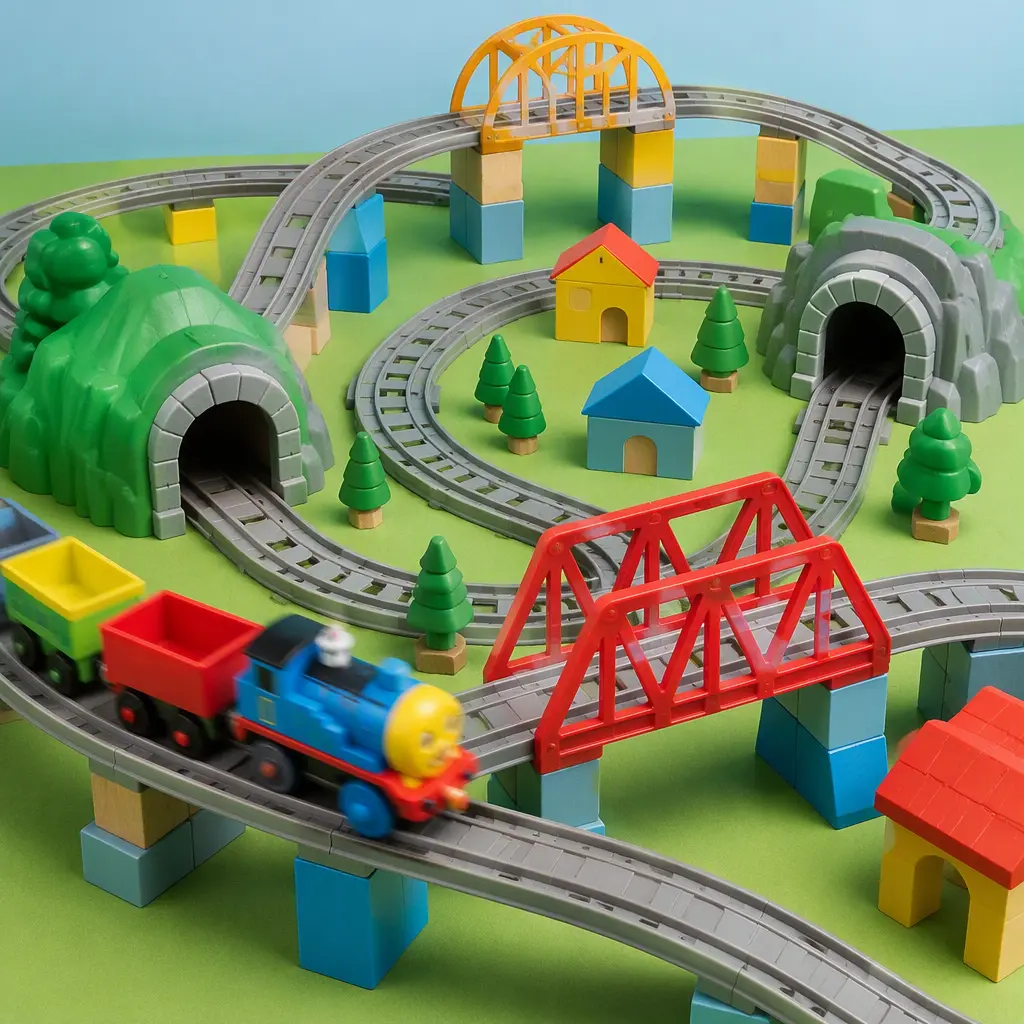 Colorful preschool railway set with elevated tracks and battery-powered train