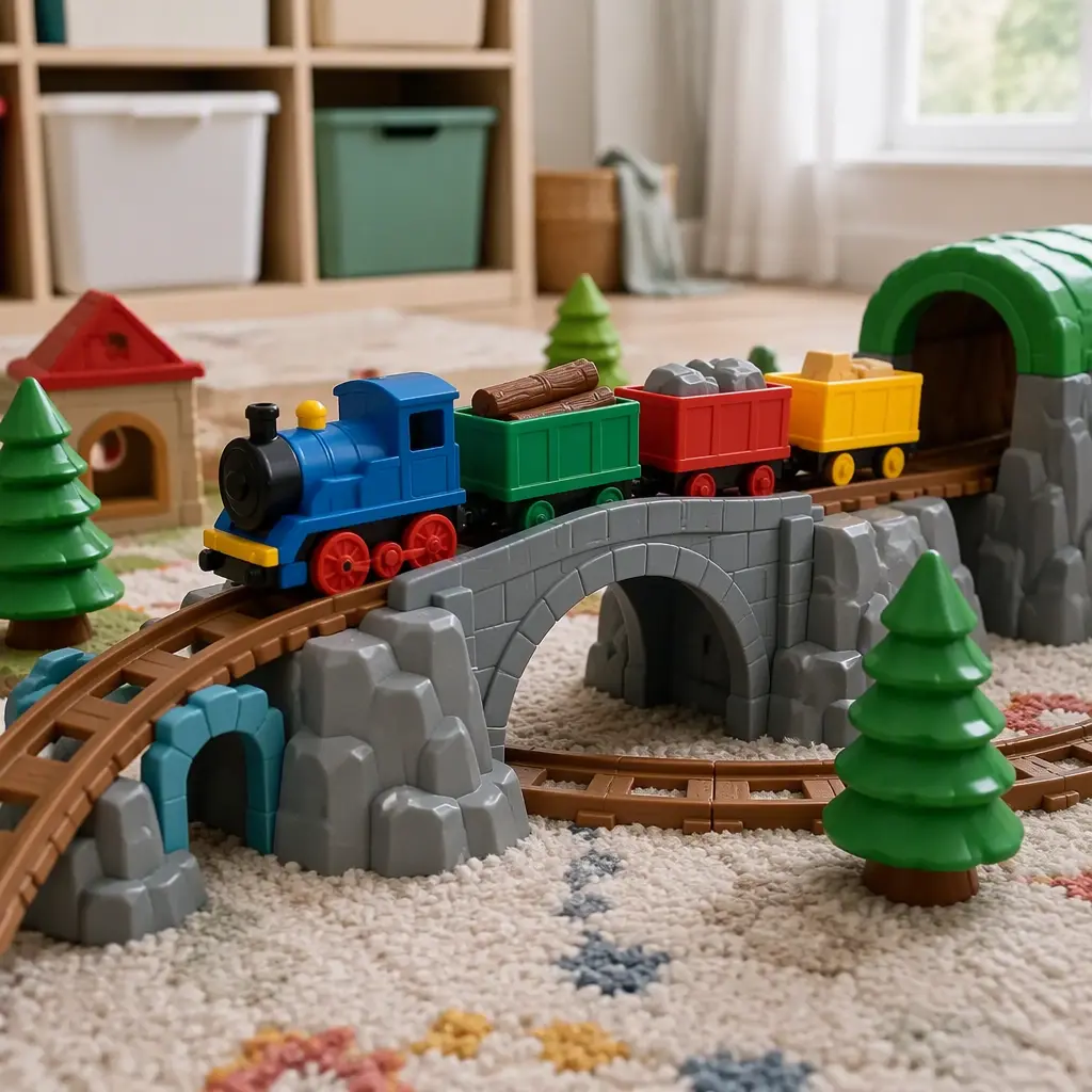 Battery-powered preschool train crossing a colorful bridge on a playroom floor