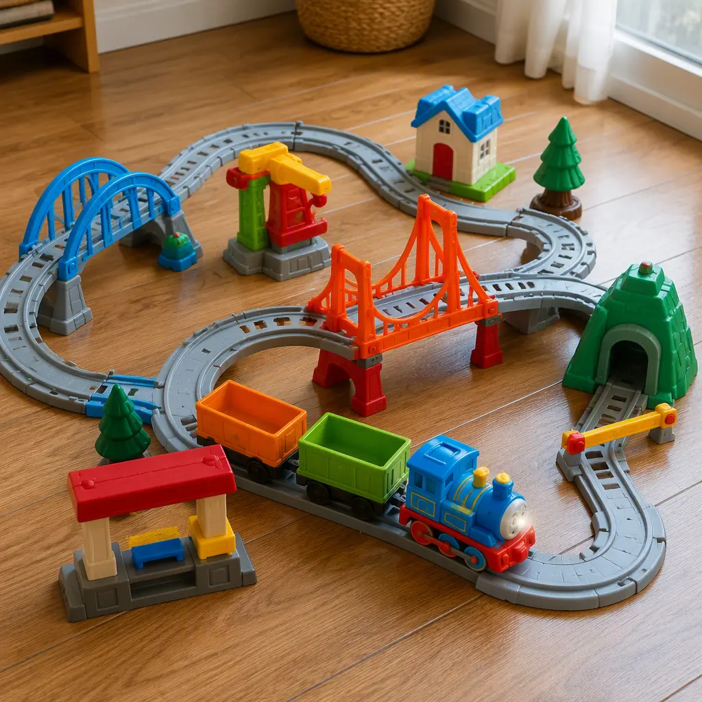 Chunky preschool train set with colorful tracks and battery-powered engine on a wooden floor