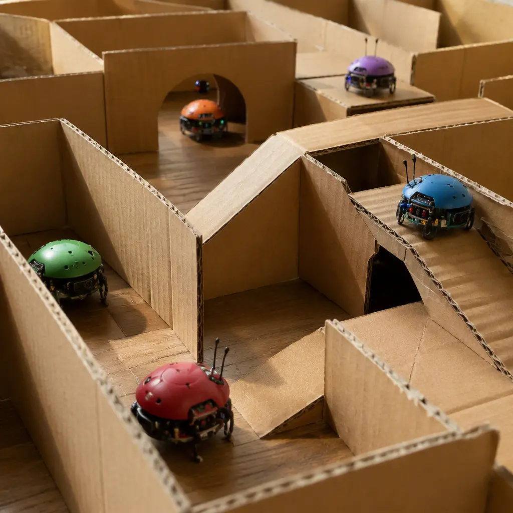 Tiny robot bug toys exploring a homemade cardboard maze with ramps and tunnels