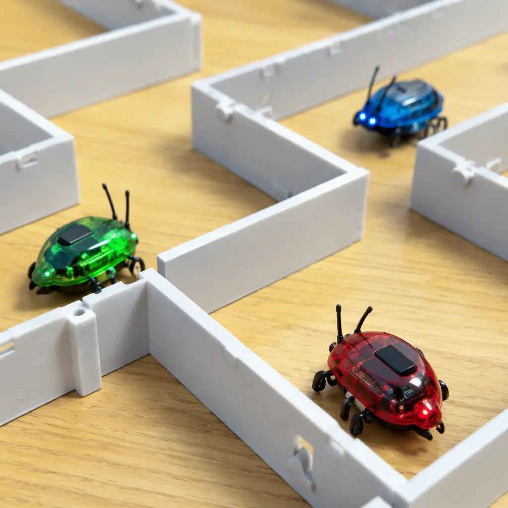 Small autonomous bug-inspired robot toys moving through a plastic maze on a tabletop