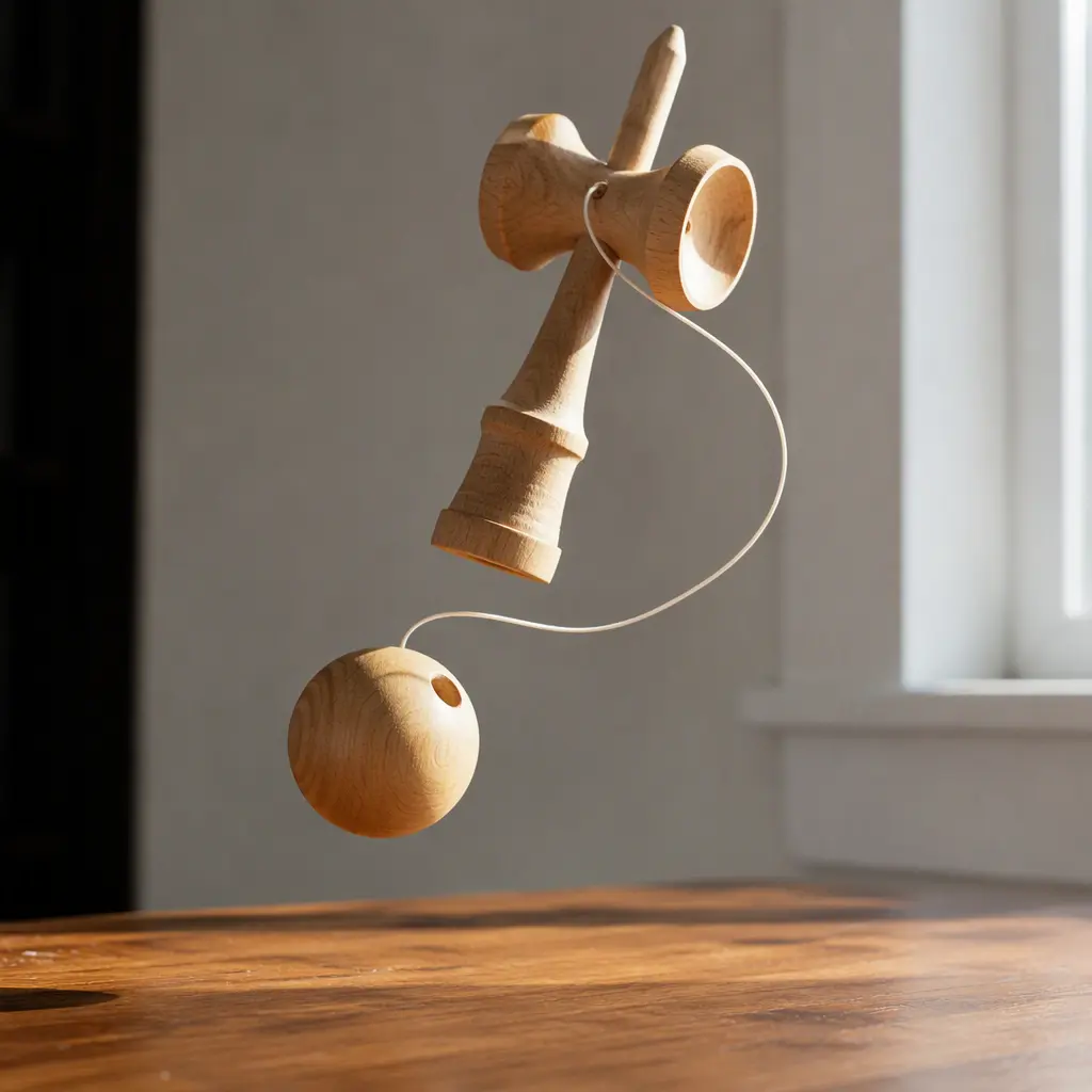 A kendama toy captured during a balancing trick indoors