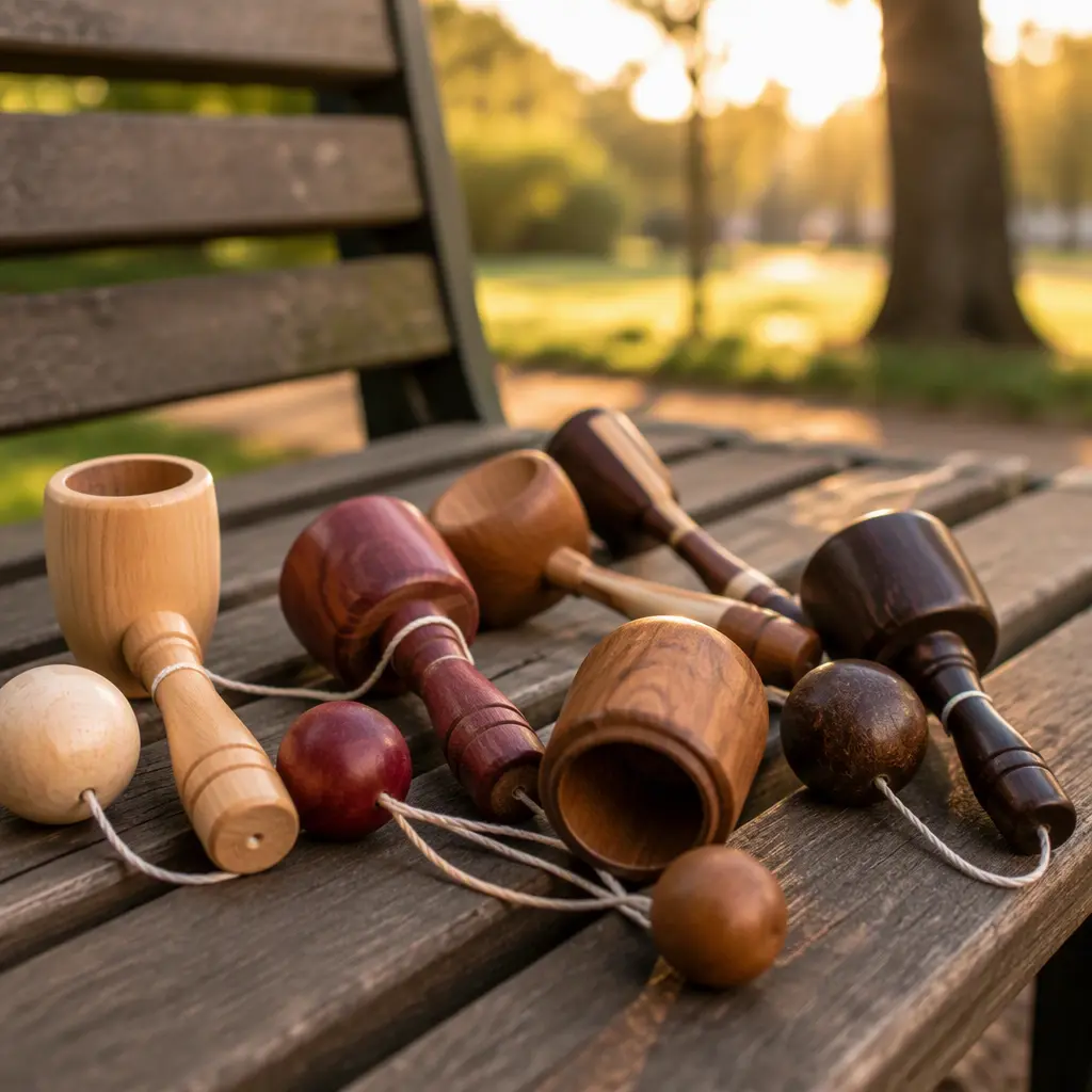 Different wooden kendama toys arranged on a bench outdoors