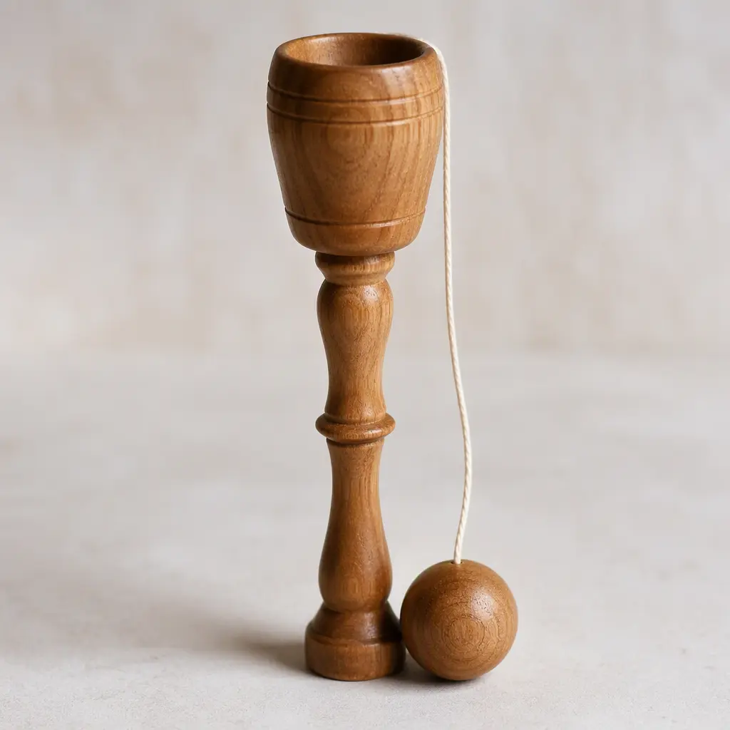 A wooden kendama skill toy standing upright in soft natural light