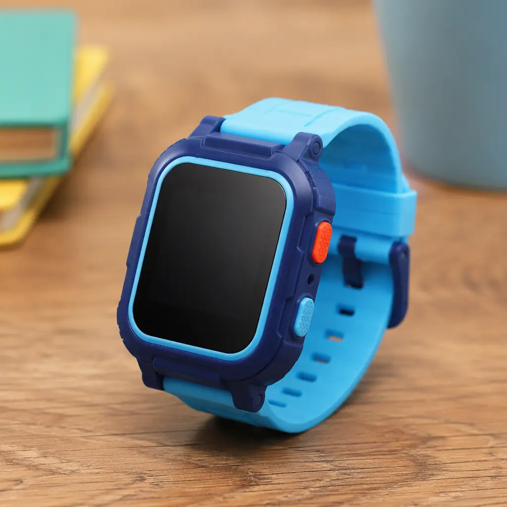 Chunky children's smartwatch on a wooden tabletop