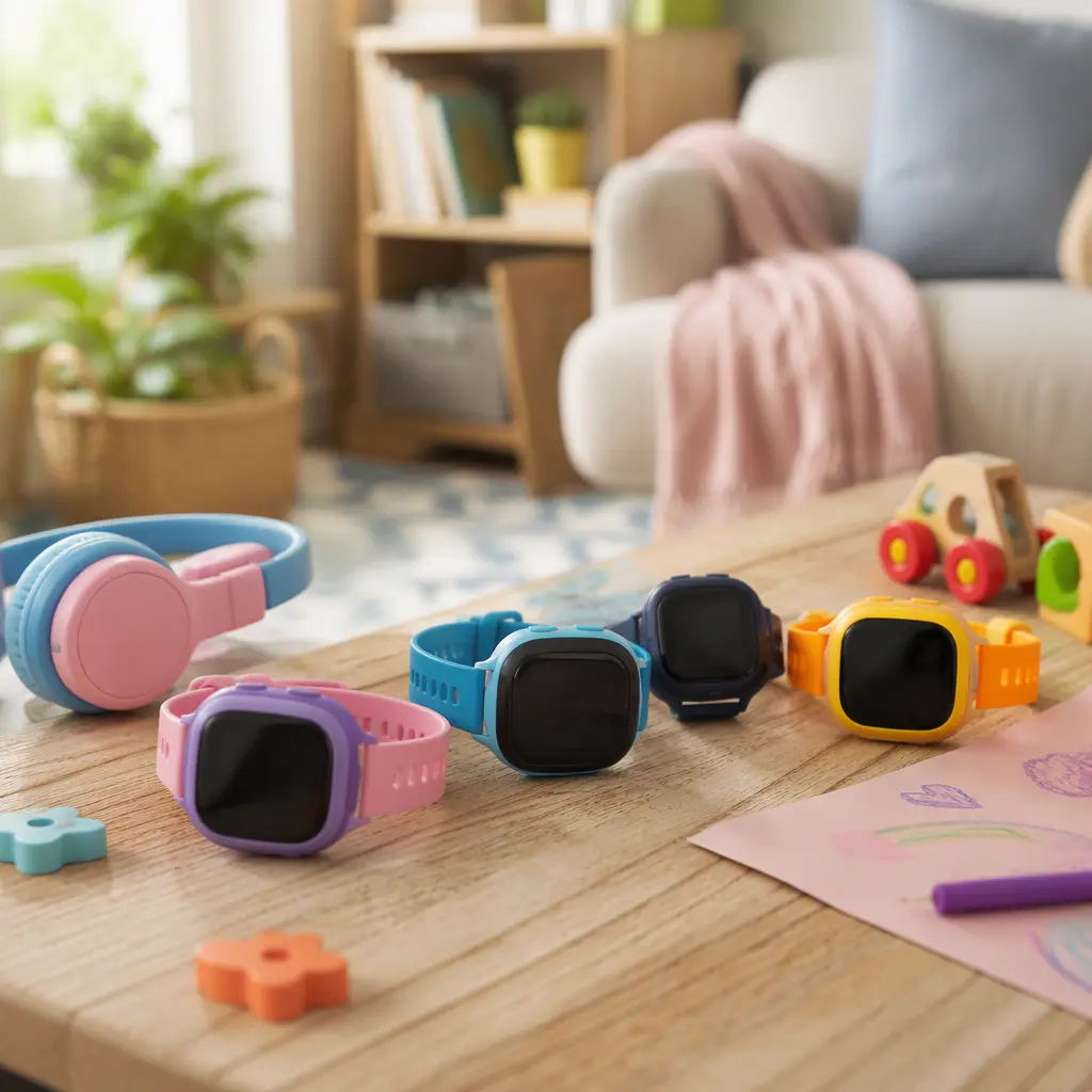 Children's smartwatches displayed with toys on a table