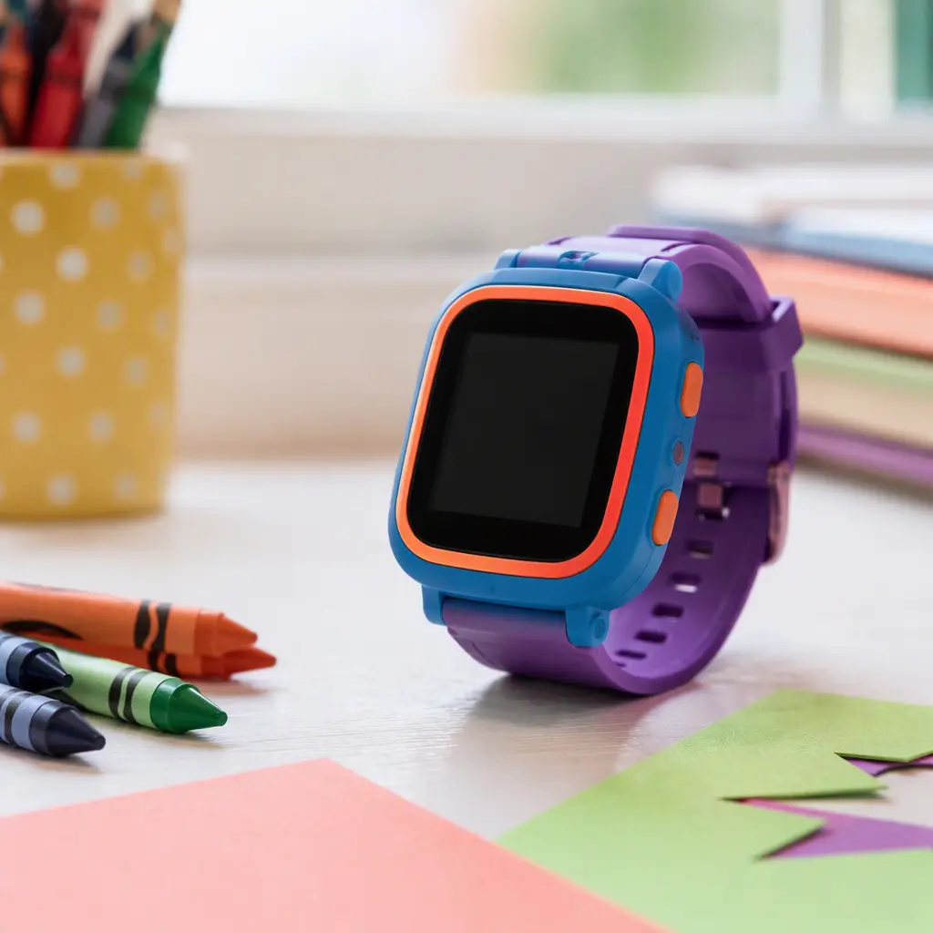 Colorful children's smartwatch beside art supplies in natural light