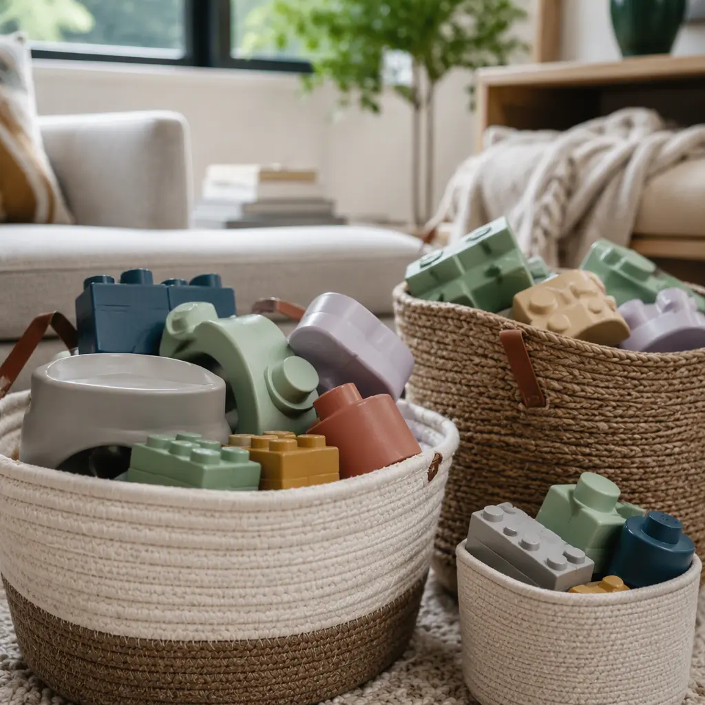 Oversized toddler building blocks stored in baskets in a family living space