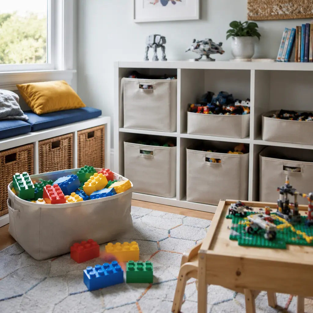 Organized play area with separate storage for toddler blocks and older children's construction toys