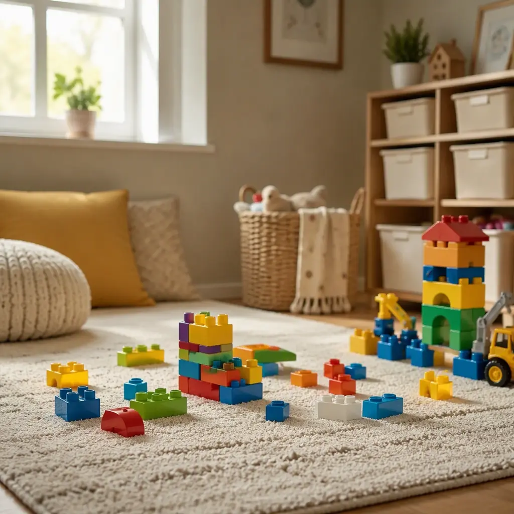 Large-piece toddler building blocks arranged in a bright playroom with soft natural light