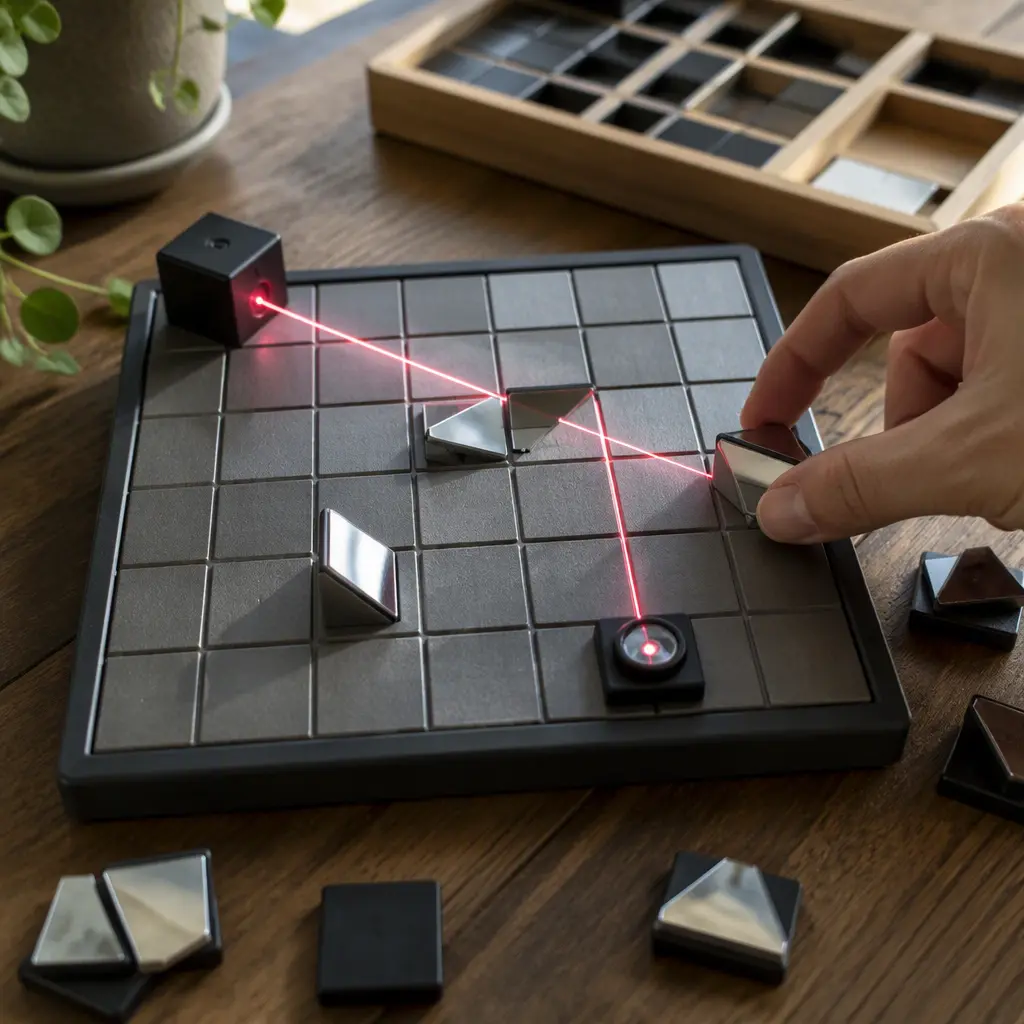 Optics-based tabletop puzzle using mirrors and light beams on a grid board
