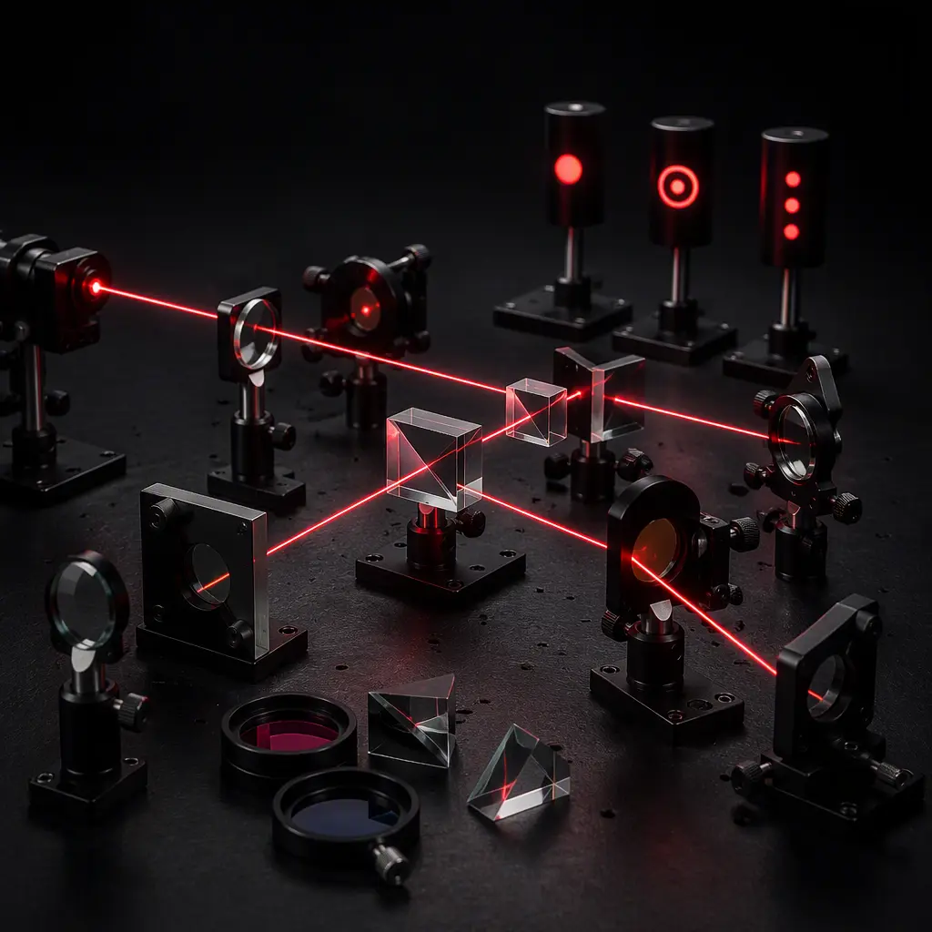 Advanced beam-reflection puzzle components arranged around a glowing light path