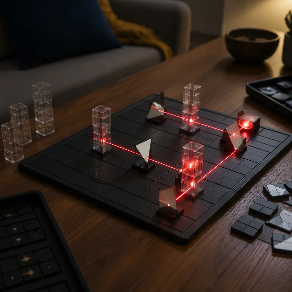 Beam-reflection logic puzzle with mirrors and light pieces arranged on a tabletop grid
