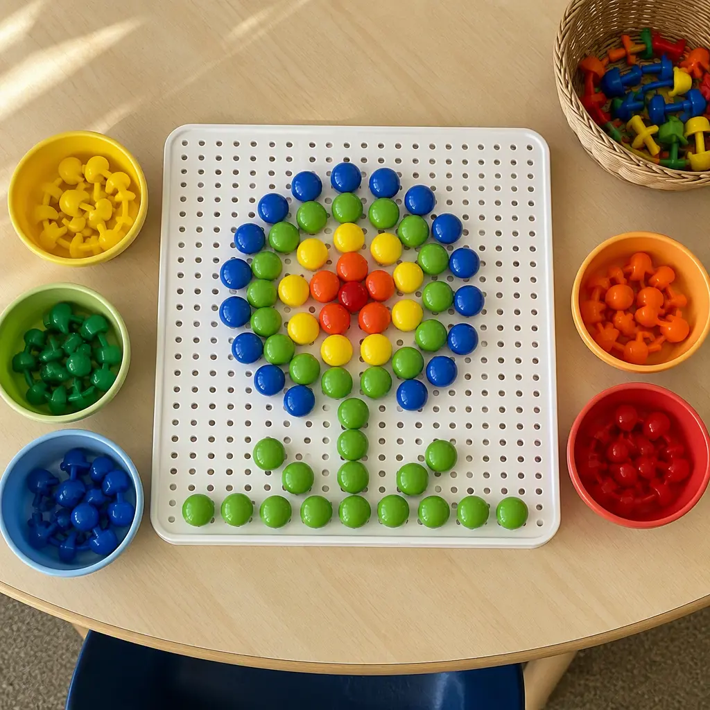 Overhead view of colorful pegboards and pegs arranged in simple patterns