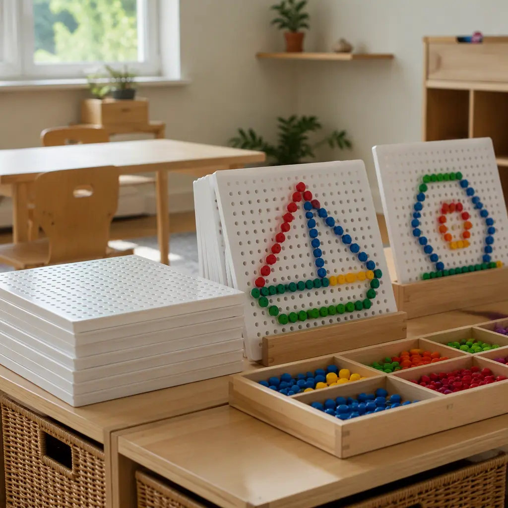 Pegboards with colorful geometric patterns in a preschool play area