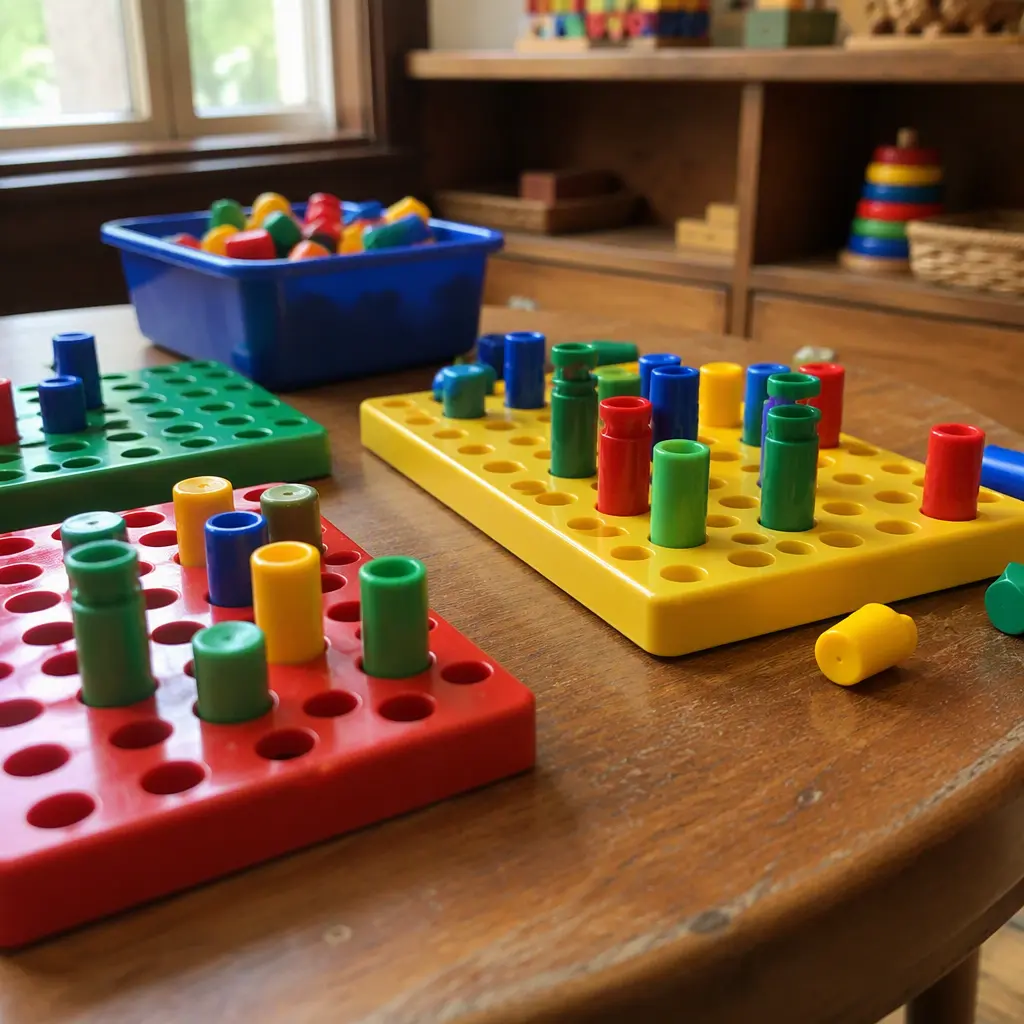 Colorful pegboards and large pegs arranged on a preschool play table
