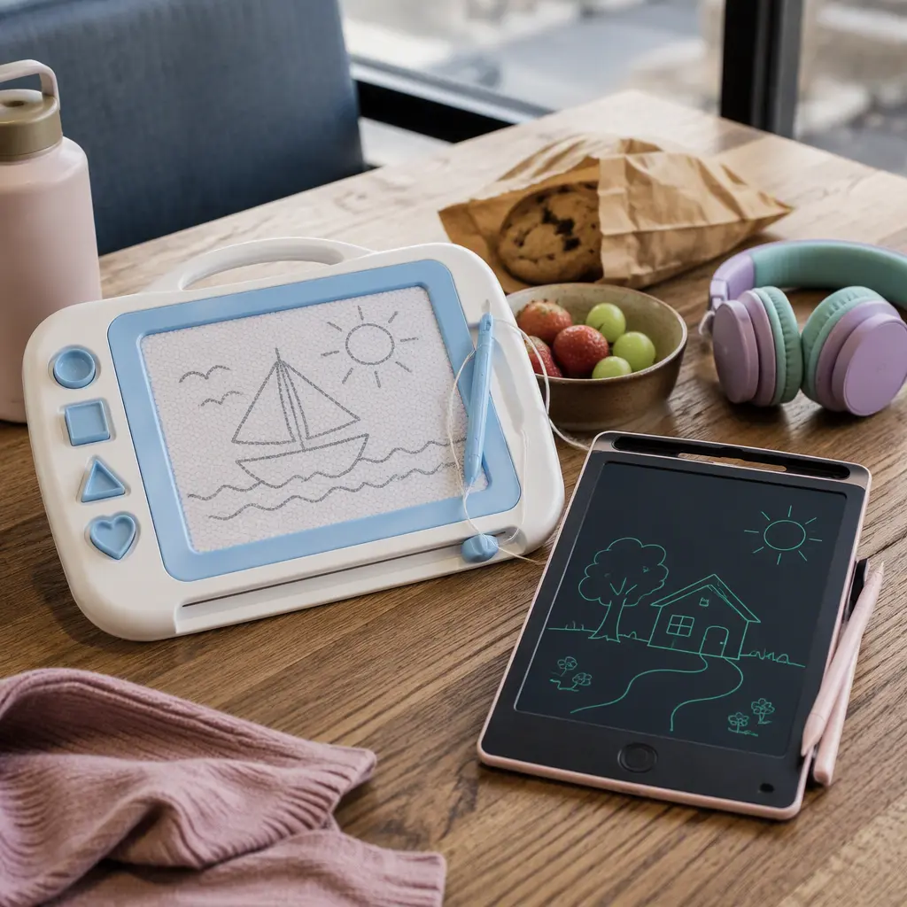 Drawing boards used as quiet travel activities at a table