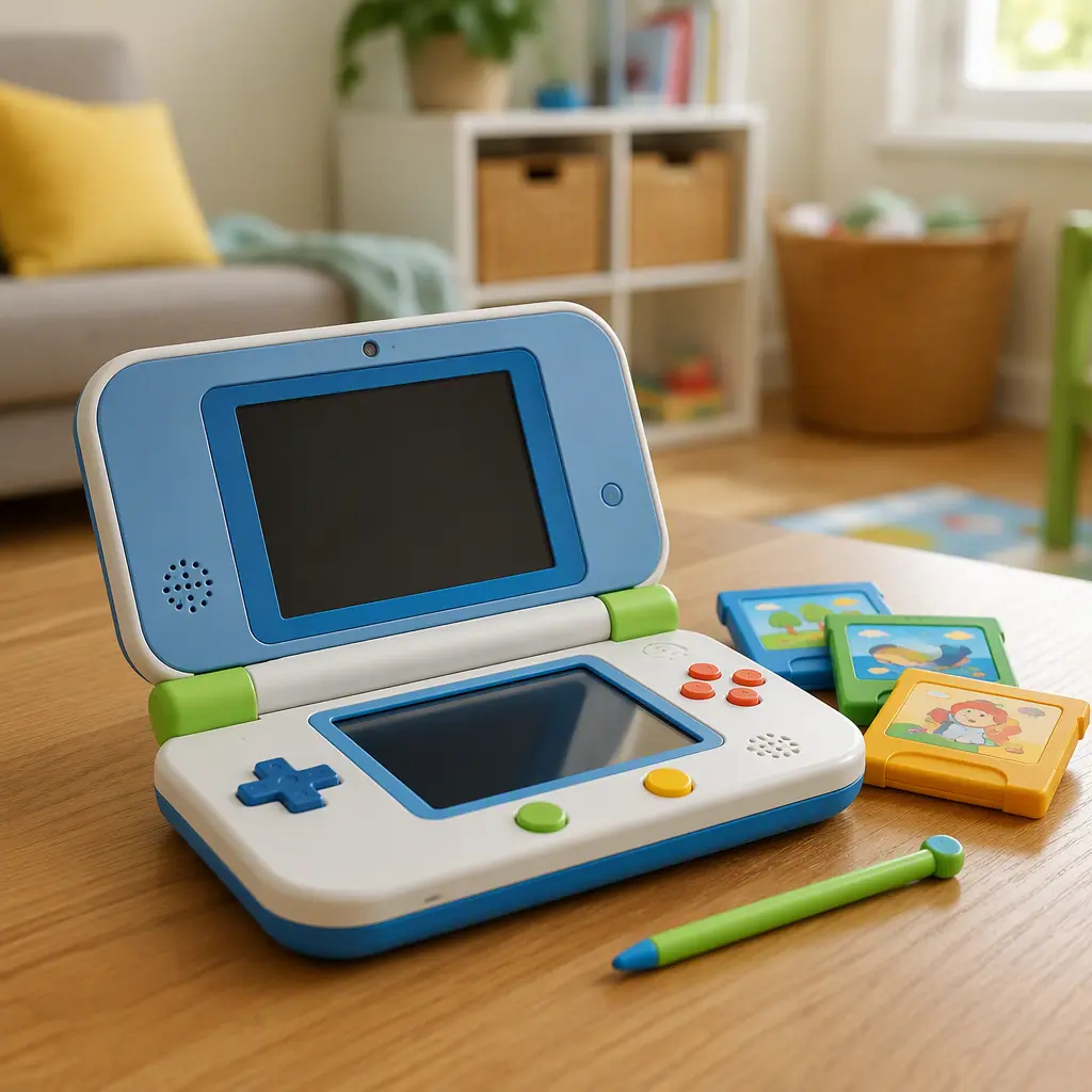 A handheld educational game console with stylus and game cartridges on a table