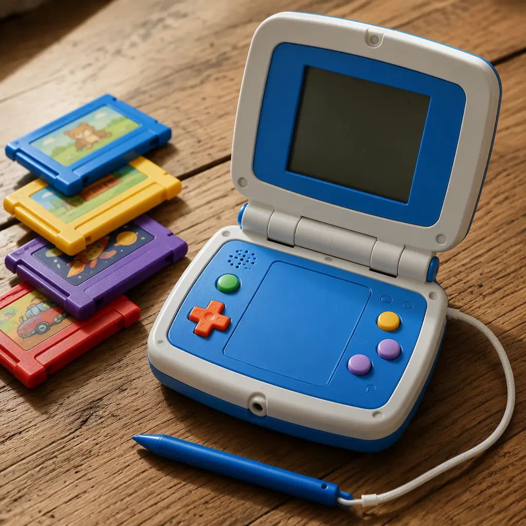 An educational handheld device with cartridges and stylus arranged on a wooden table