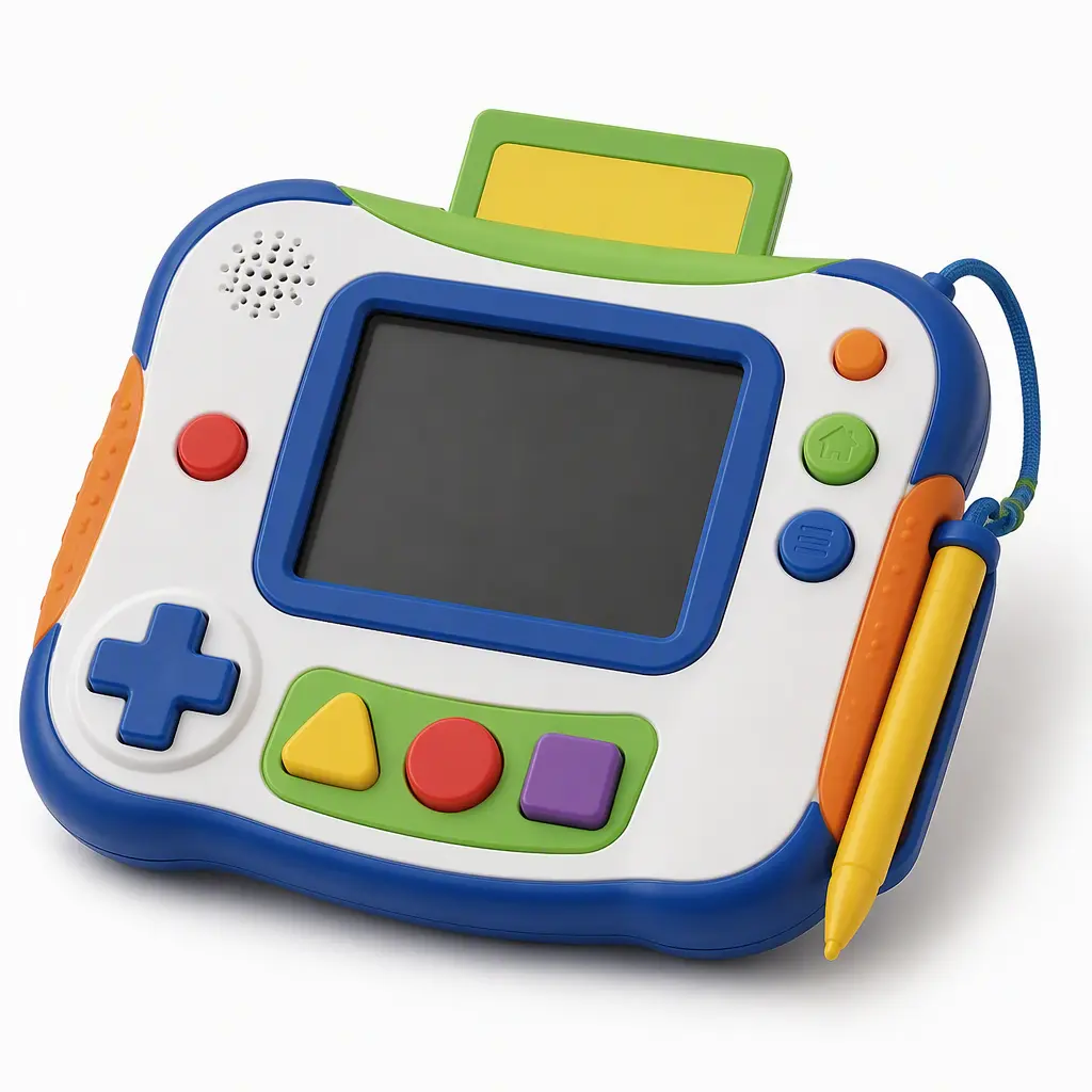 A child-friendly educational handheld gaming device with stylus and large buttons on a white background