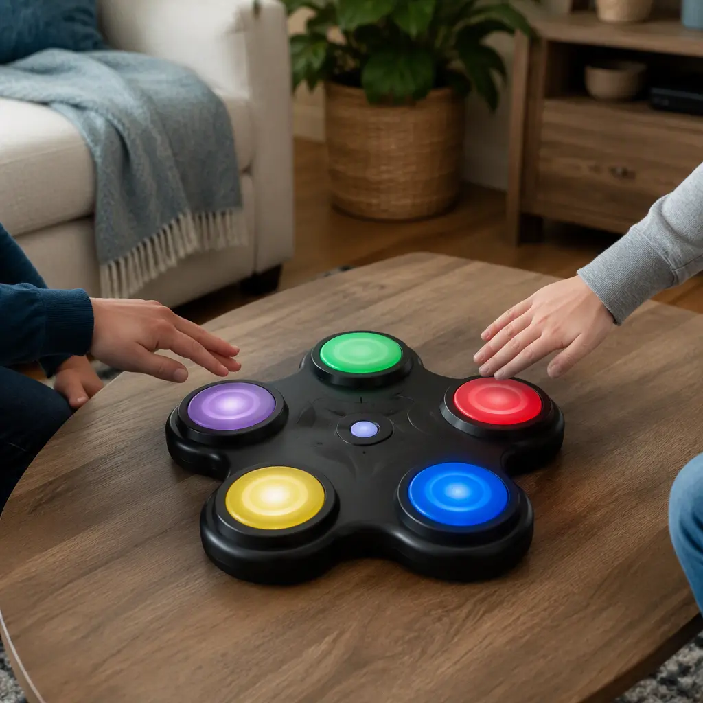 Motion-based electronic reflex game glowing on a living room table
