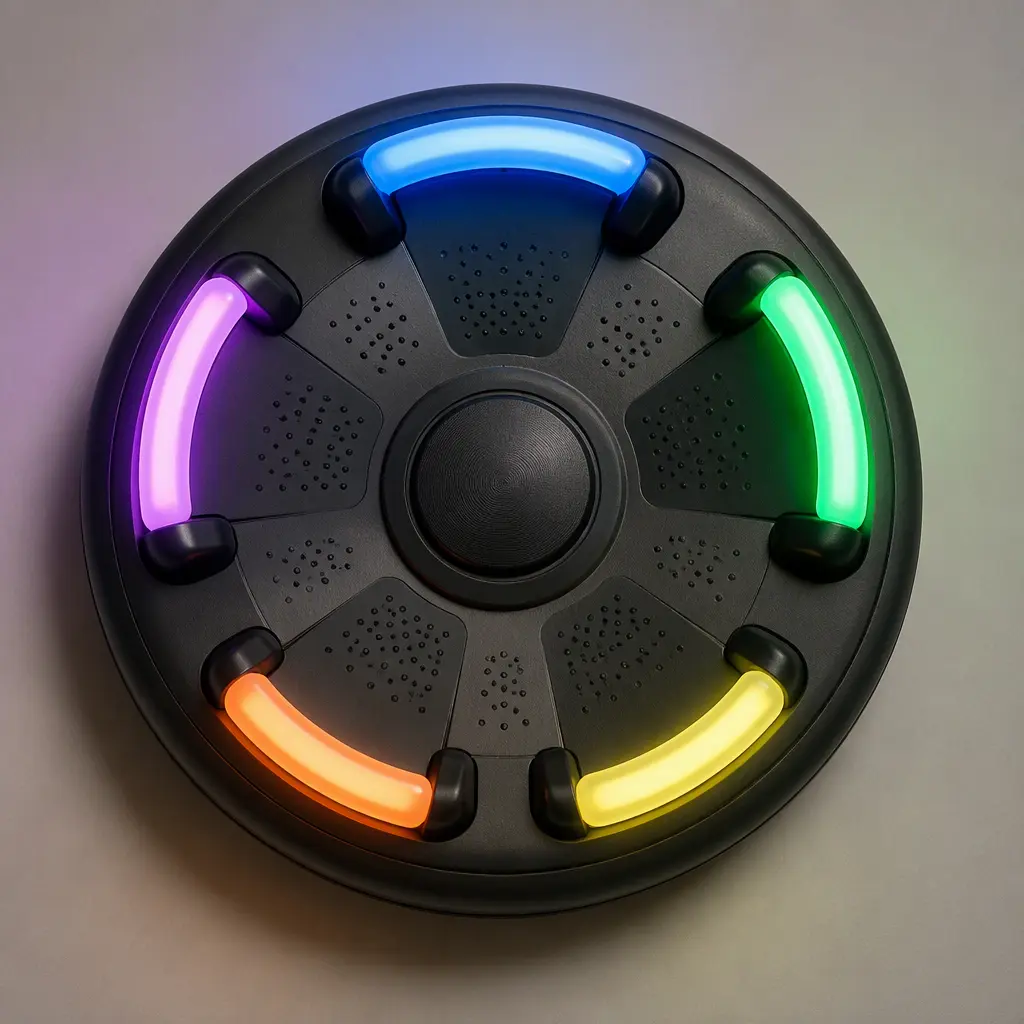 Top-down view of an electronic reflex game with illuminated arches