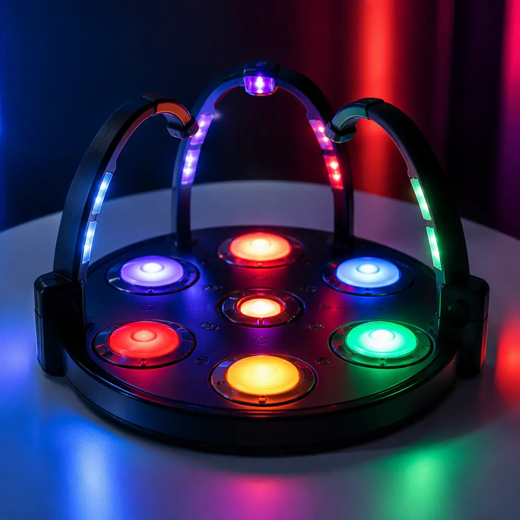 Electronic reflex game with glowing lights arranged in a circular tabletop design