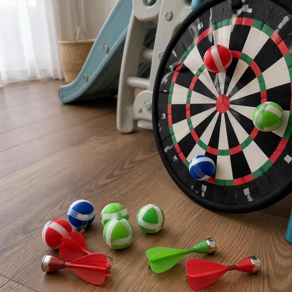 Magnetic darts and Velcro balls arranged on a wooden floor indoors