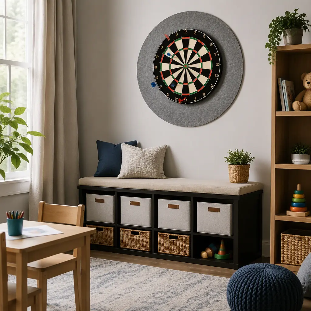 Indoor game area with a safely mounted dart target and toy storage