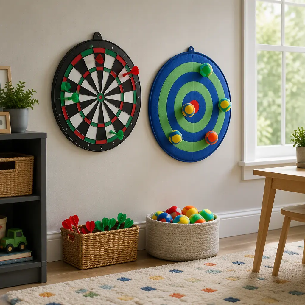 Magnetic and Velcro dart game sets displayed in a bright indoor playroom