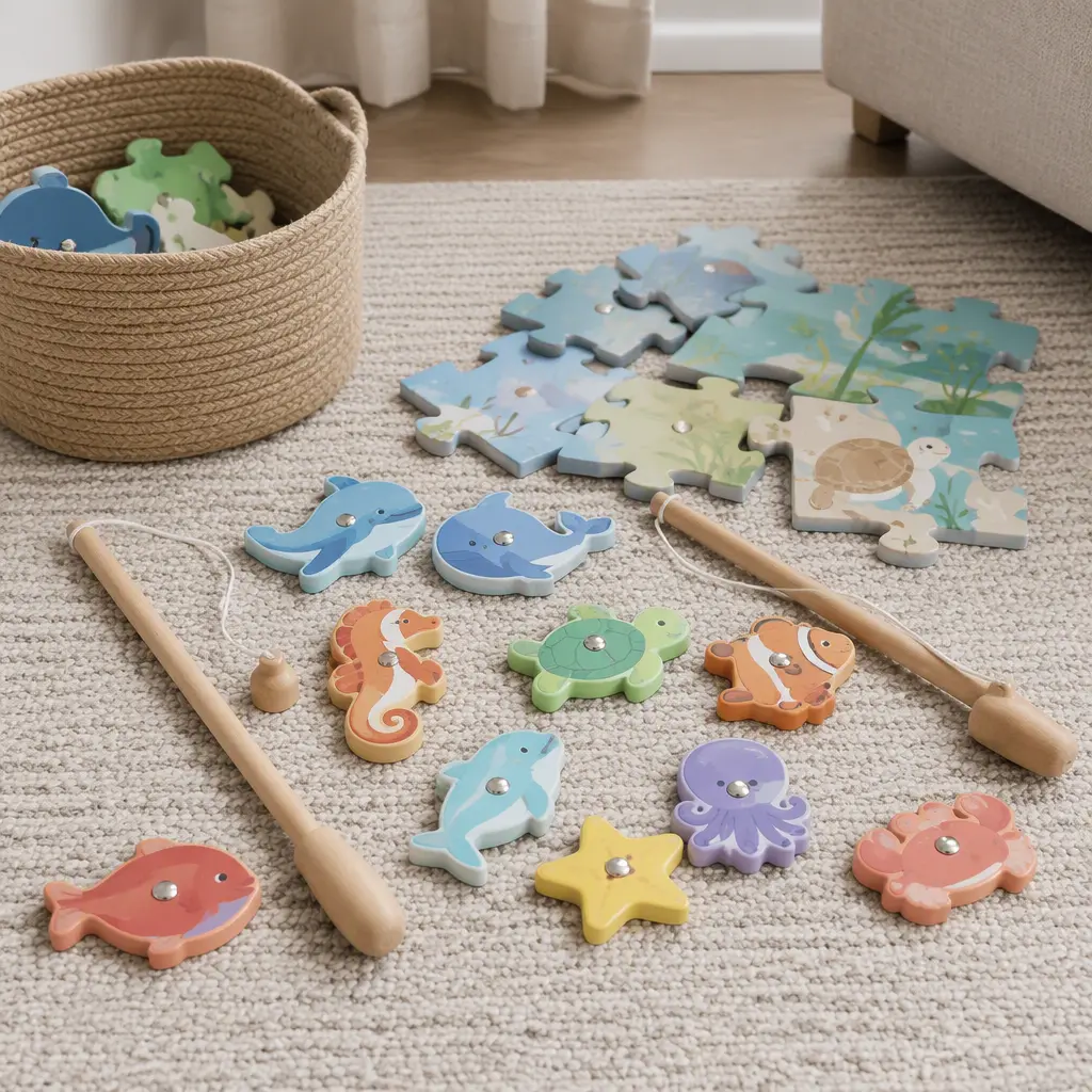Close-up of magnetic fishing pieces and oversized floor puzzle pieces